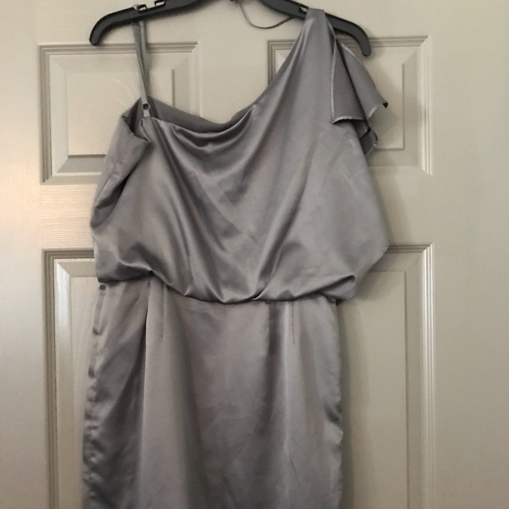 Off shoulder silver satin dress
